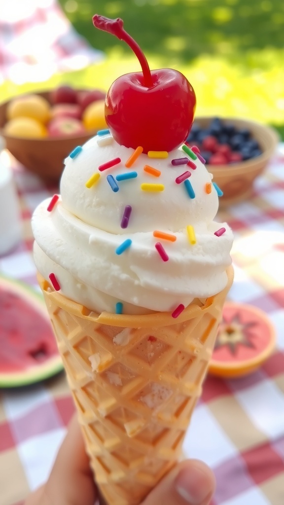Classic Vanilla Ice Cream Recipe A delicious scoop of vanilla ice cream in a cone with sprinkles and a cherry, set in a bright outdoor scene.